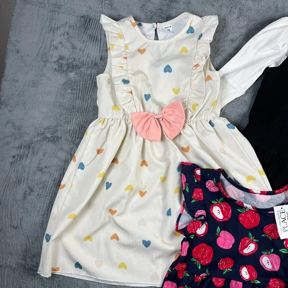 Childrens Place Shein Girls Dress Lot 3 5T Apple Heart Flutter Sleeve Ribbed
